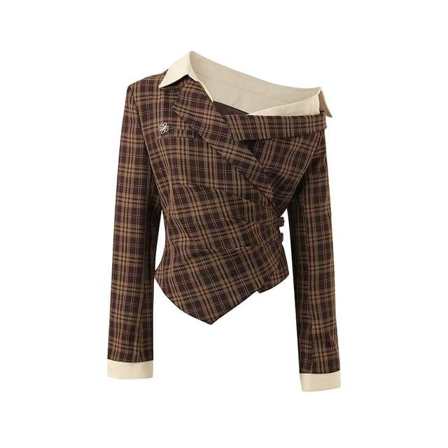 Long-Sleeve One-Shoulder Asymmetrical Blouse / High Waist Plain Wide Leg Pants