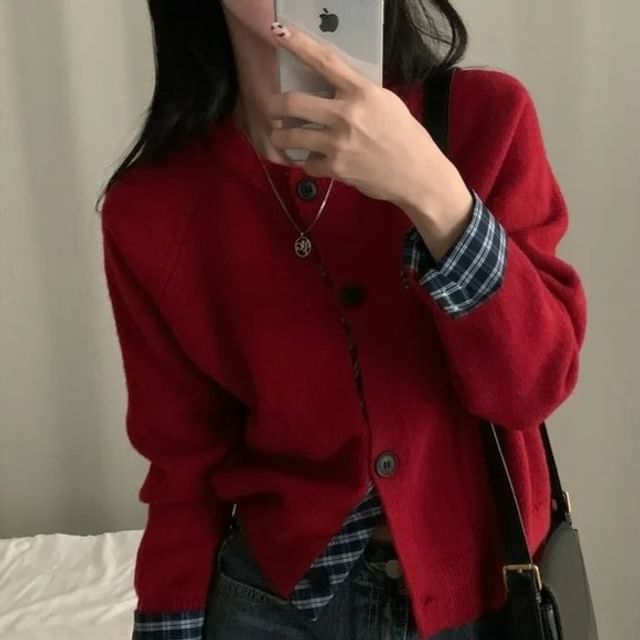 Plaid Trim Crewneck Button Cardigan