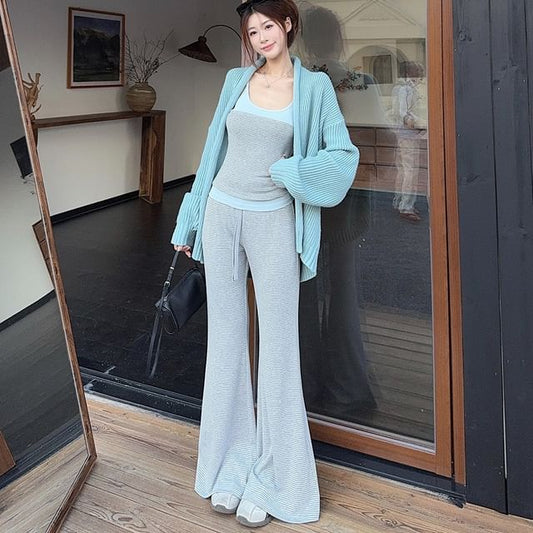 Ribbed Open Front Cardigan & Striped Panel Camisole Top & Drawstring Waist Flared Pants Set