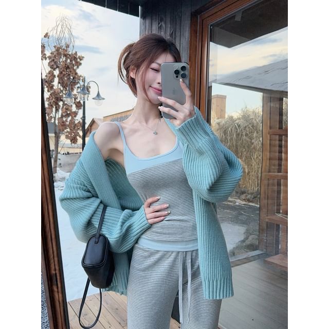 Ribbed Open Front Cardigan & Striped Panel Camisole Top & Drawstring Waist Flared Pants Set