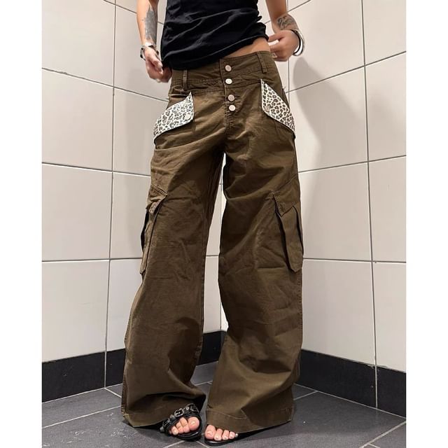 High Waist Leopard Pocket Wide Leg Cargo Pants