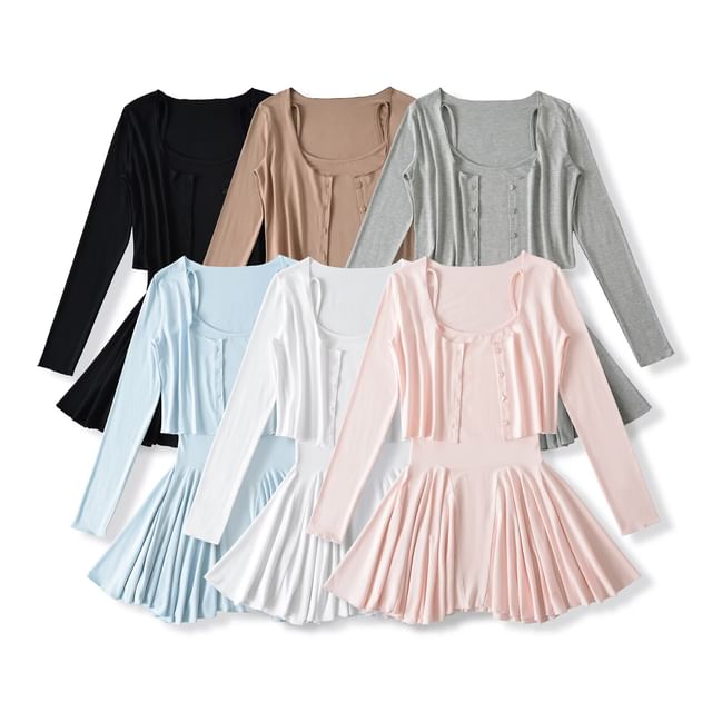 Spaghetti Strap Plain Mini A-Line Dress & Round Neck Crop Cardigan Set