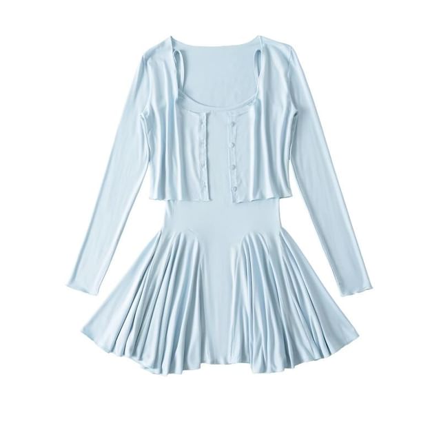 Spaghetti Strap Plain Mini A-Line Dress & Round Neck Crop Cardigan Set