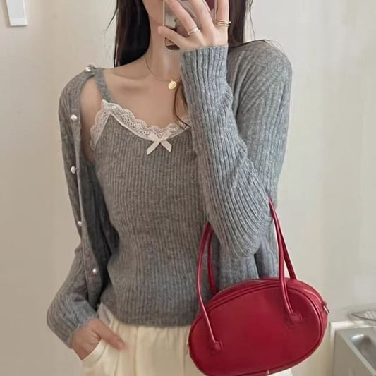 Lace Knit Cami Top and Faux Pearl Button Cardigan Set