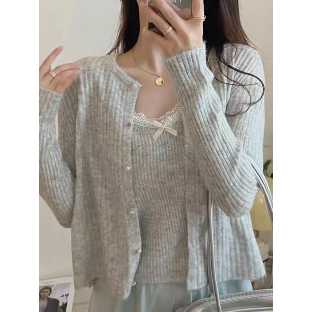 Lace Knit Cami Top and Faux Pearl Button Cardigan Set