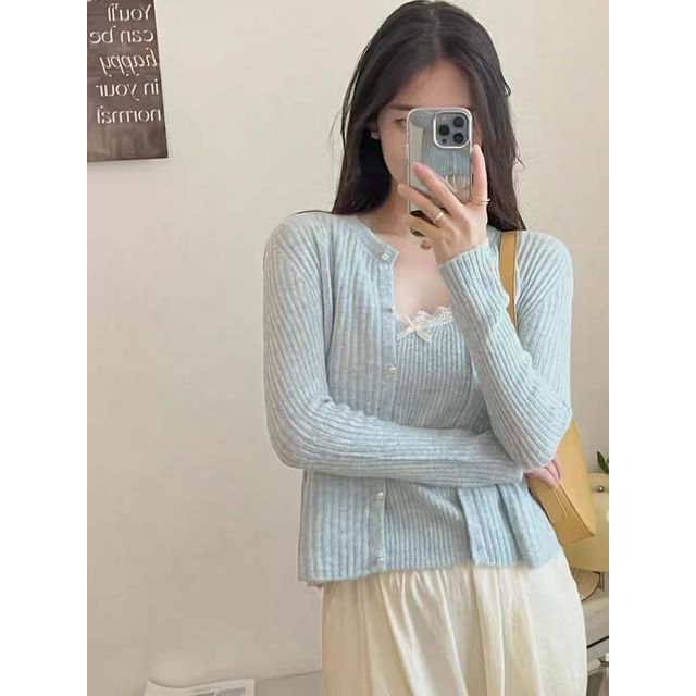 Lace Knit Cami Top and Faux Pearl Button Cardigan Set