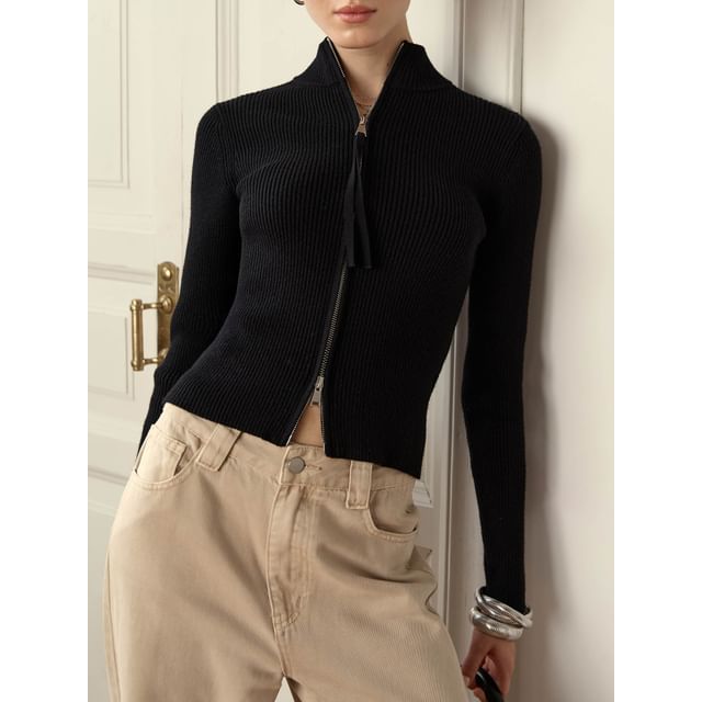 Stand Collar Long Sleeve Ribbed-Knit Zip-Up Cardigan