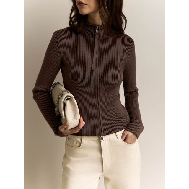 Stand Collar Long Sleeve Ribbed-Knit Zip-Up Cardigan