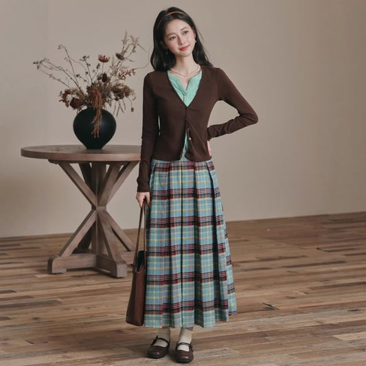 Notch Neck Two Tone Button-Up Cardigan & High Waist Plaid Pleated Midi A-Line Skirt Set