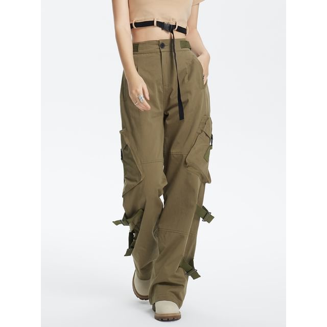 Buckled-Accent Straight-Cut Cargo Pants