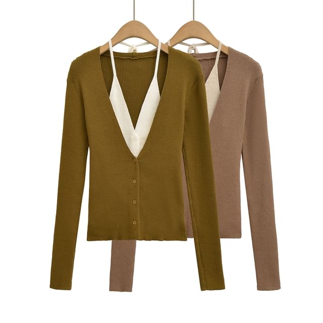Halter V-Neck Two Tone Mock Two-Piece Button-Up Cardigan