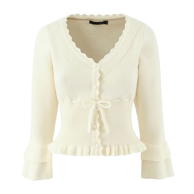 Ruffle Trim V-Neck Button-Up Plain Crop Cardigan