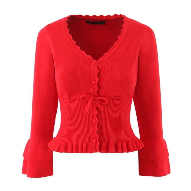 Ruffle Trim V-Neck Button-Up Plain Crop Cardigan