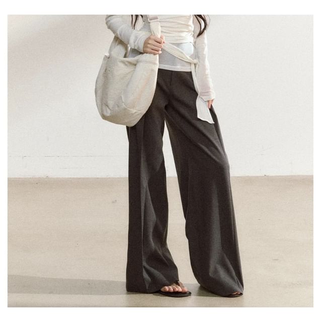Long-Sleeve Asymmetrical Neck Plain Tie Waist Tee / High Rise Wide Leg Pants