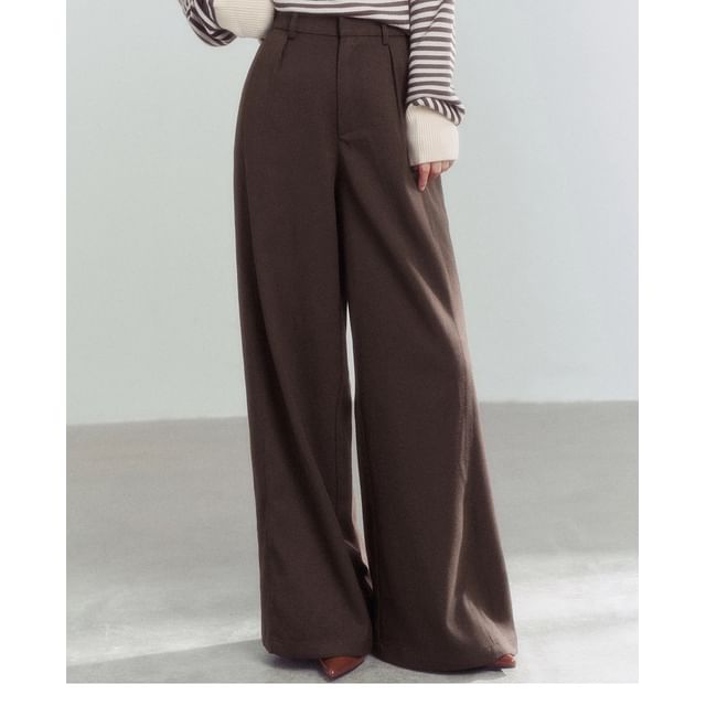 Off-Shoulder Striped Sweater / Mid Waist Plain Wide Leg Pants