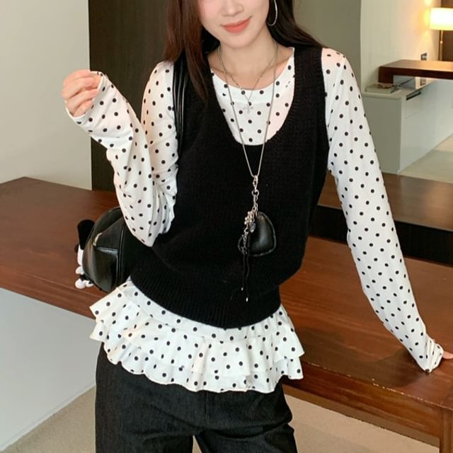 Dotted Ruffle Crew Neck Long Sleeve Tee / Scoop Neck Sweater Vest