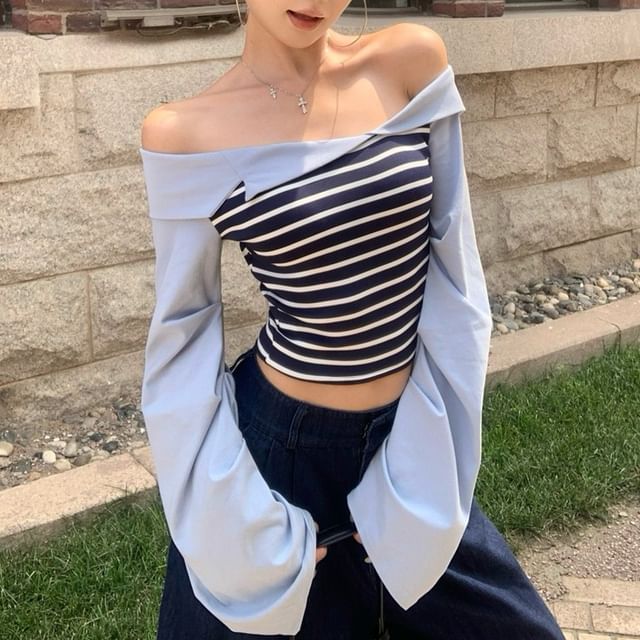 Off-Shoulder Long Sleeve Striped Panel Top
