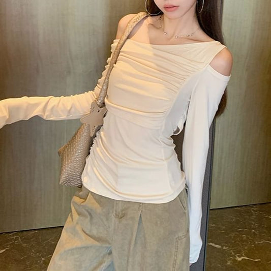 One-Shoulder Cold-Shoulder Long Sleeve Ruched Top