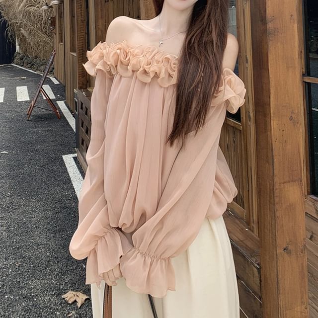 Off-Shoulder Long Sleeve Ruffle Blouse