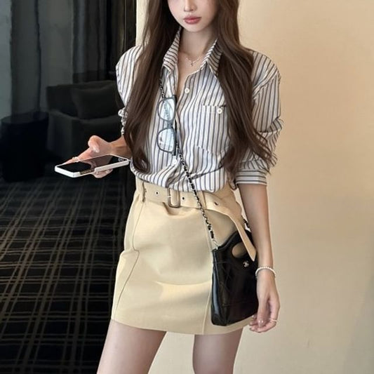 Collared Long Sleeve Striped Shirt / Belted High-Rise Mini Pencil Skirt