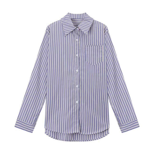 Collared Long Sleeve Striped Shirt / Belted High-Rise Mini Pencil Skirt