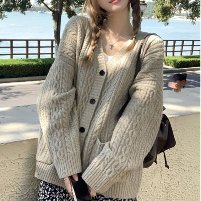 V-Neck Button-Up Cable Knit Cardigan