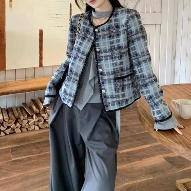 Plaid Tweed Button Jacket / Long-Sleeve Ruffle Trim Slim Fit T-Shirt / High Rise Wide Leg Slacks