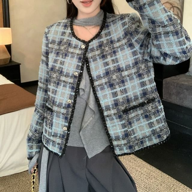 Plaid Tweed Button Jacket / Long-Sleeve Ruffle Trim Slim Fit T-Shirt / High Rise Wide Leg Slacks