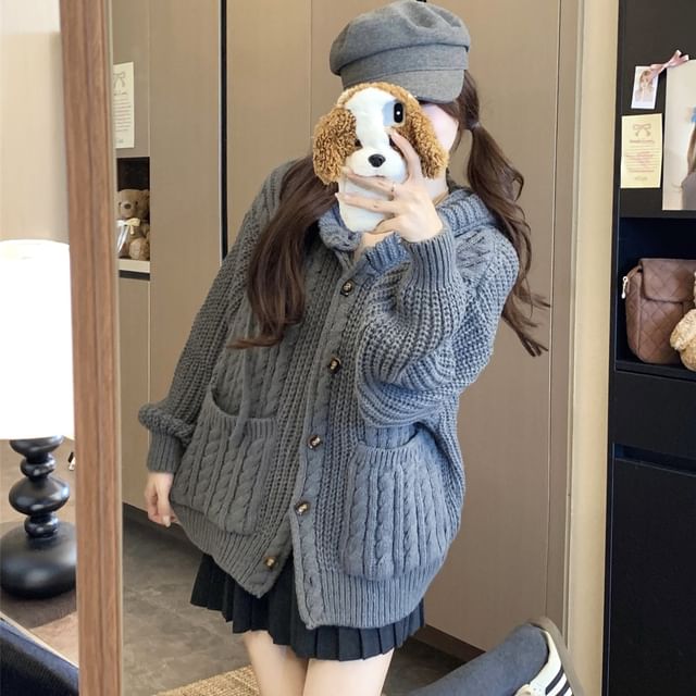Hooded Cable-Knit Plain Cardigan