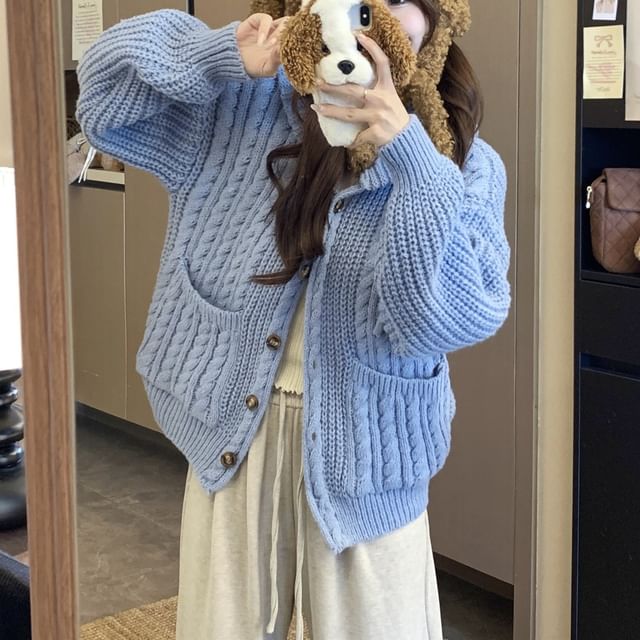 Hooded Cable-Knit Plain Cardigan