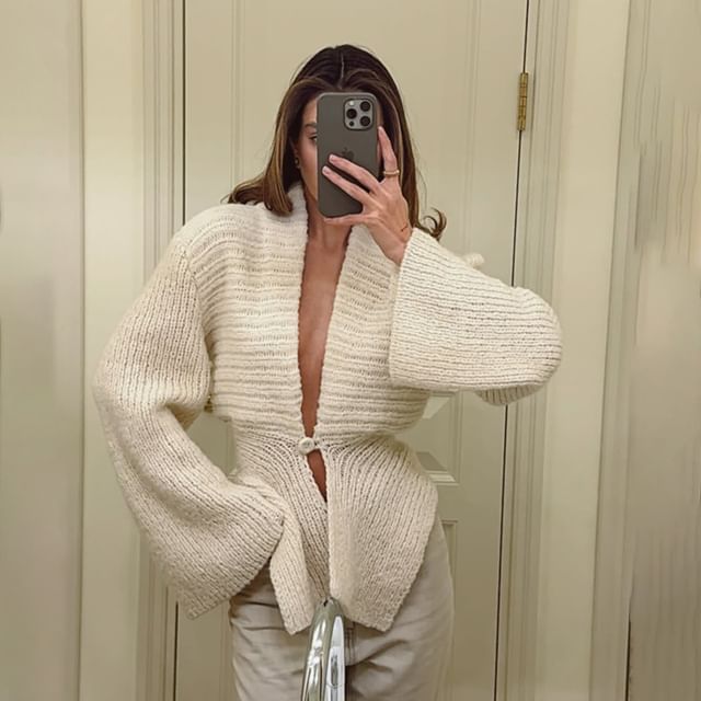Ribbed V-Neck Plain Cardigan