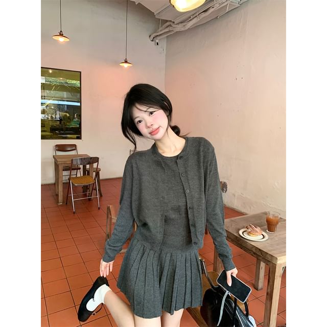 Crew Neck Knit Tank, Pleated Mini Skirt, and Cardigan Set