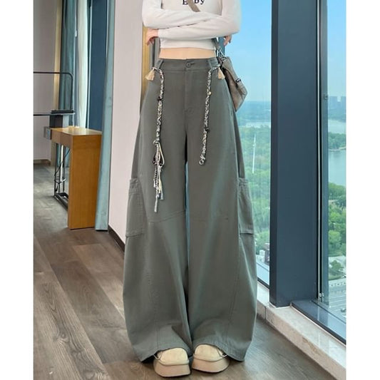 High Rise Plain Baggy Cargo Pants (Various Designs)