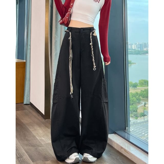 High Rise Plain Baggy Cargo Pants (Various Designs)