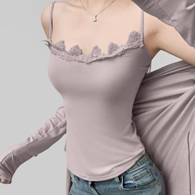Scoop Neck Lace Trim Cami with Open Cardigan Set