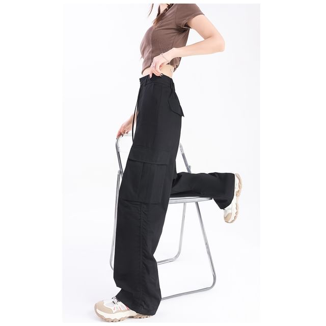 High Rise Plain Wide Leg Cargo Pants