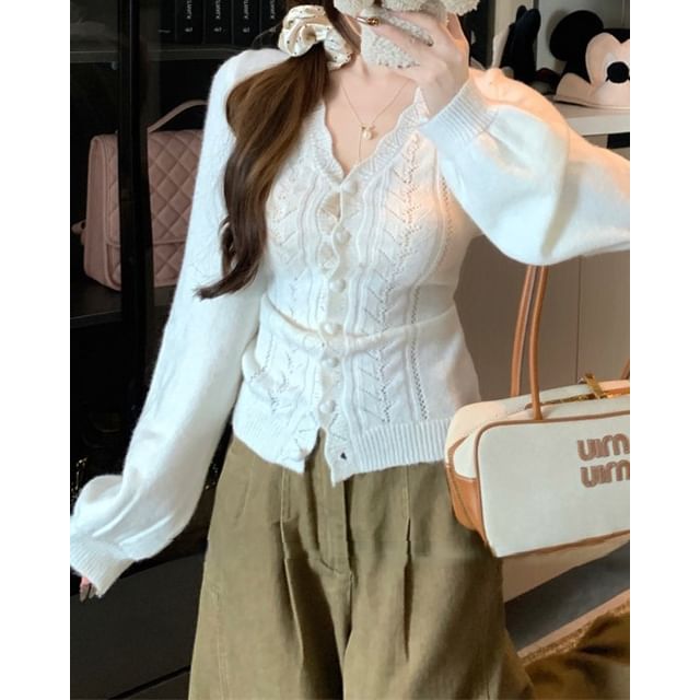 Pointelle Knit V-Neck Cardigan