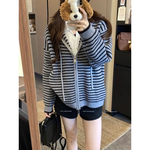 Zip-Front Striped Hooded Knit Cardigan