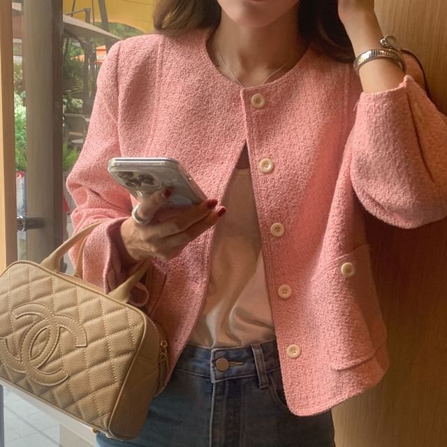 Crew Neck Double-Breasted Plain Tweed Jacket