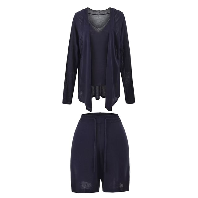 V-Neck Tank Top, Cardigan, and Drawstring Shorts Set