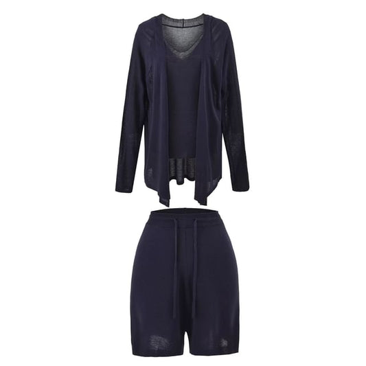 V-Neck Tank Top, Cardigan, and Drawstring Shorts Set