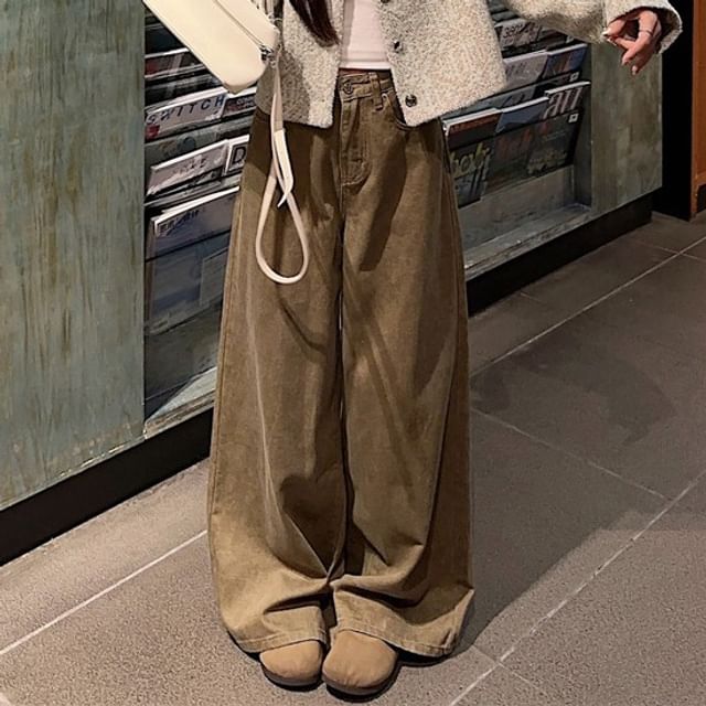 Crew Neck Button-Up Tweed Crop Jacket / High Rise Plain Wide Leg Jeans