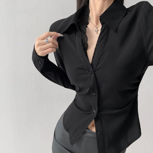 Lace-Trimmed Long Sleeve Button-Down Shirt