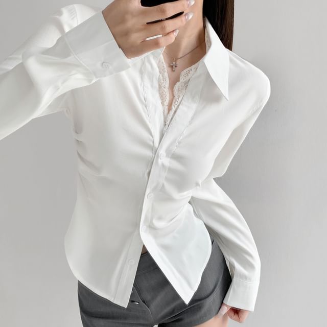 Lace-Trimmed Long Sleeve Button-Down Shirt
