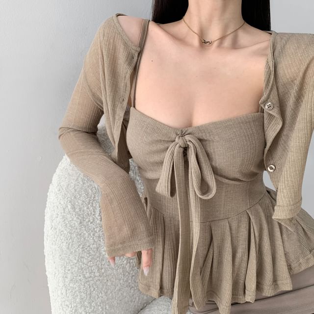 Two-Piece Set: Lightweight Cropped Jacket & Bow-Accent Peplum Cami