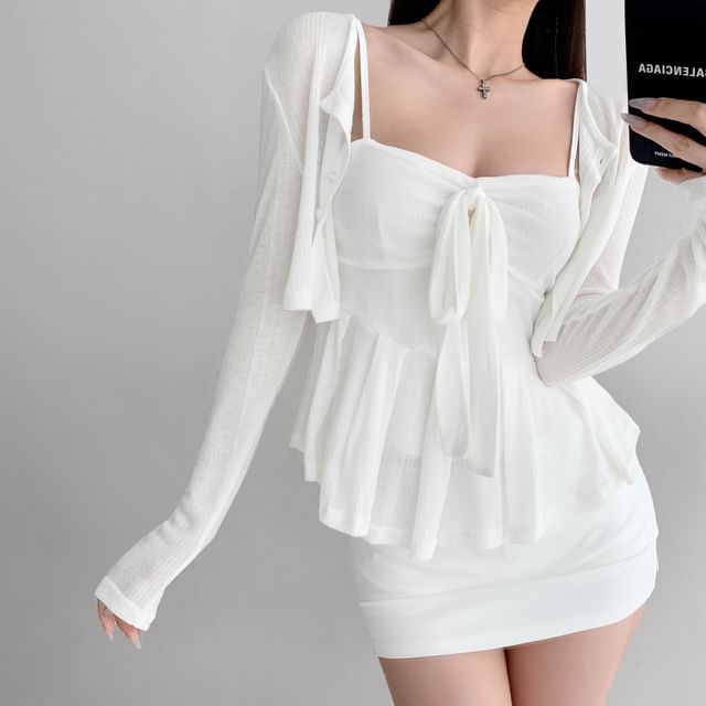 Two-Piece Set: Lightweight Cropped Jacket & Bow-Accent Peplum Cami
