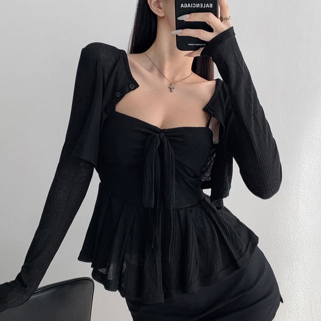 Two-Piece Set: Lightweight Cropped Jacket & Bow-Accent Peplum Cami