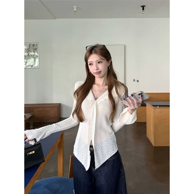 Asymmetric Slit V-Neck Long Sleeve Ribbed Knit Top