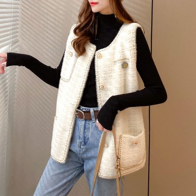Round Neck Tweed Faux Pearl Button Vest