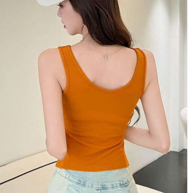 Ruched Padded V-Neck Fitted Sleeveless Tank Top